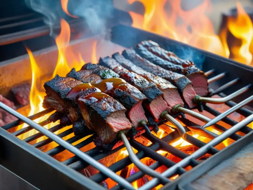 Delicioso asado uruguayo tradicional con cortes de carne asándose a la perfección, en una escena que combina tradición e innovación