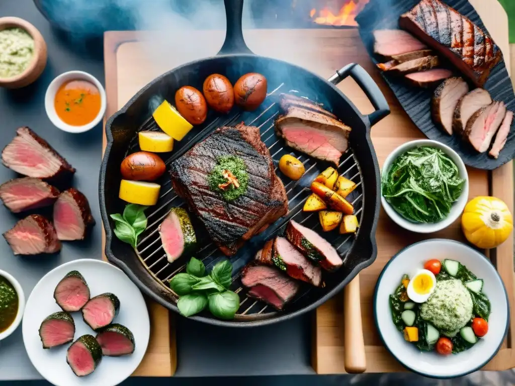 Delicioso asado uruguayo con variedad de carnes a la parrilla, chimichurri y ambiente cálido de barbacoa