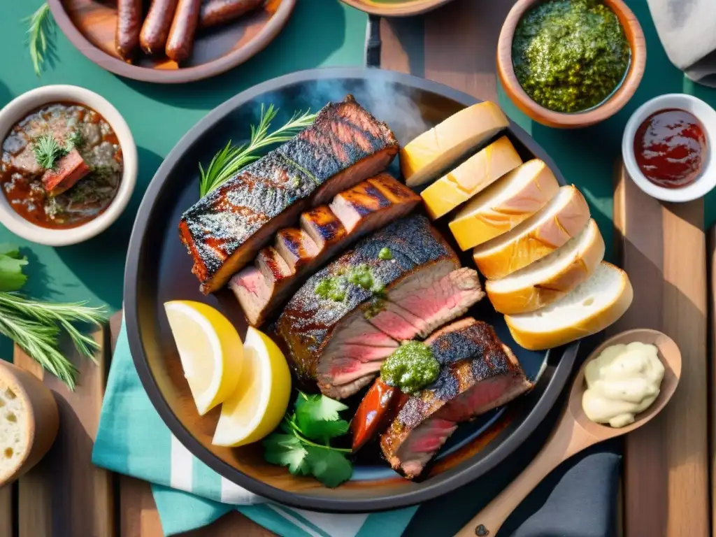 Delicioso asado uruguayo con variedad de carnes a la parrilla, chimichurri, pan y vino tinto en entorno campestre