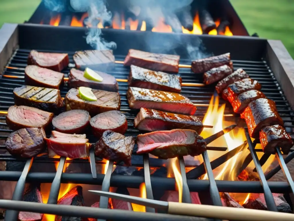 Delicioso asado uruguayo con variedad de cortes de carne cocinándose a la perfección sobre brasas, enmarcado por un paisaje campestre