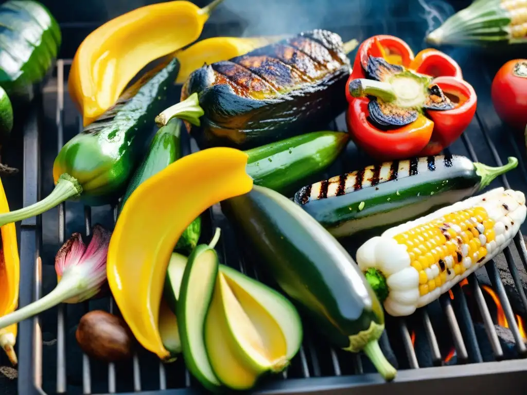 Delicioso asado uruguayo con vegetales en la parrilla, colores vibrantes y aroma tentador