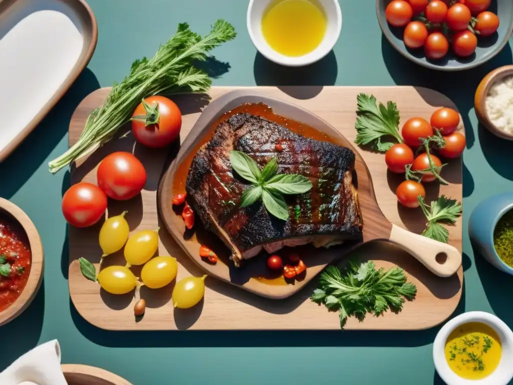 Un delicioso asado uruguayo con vibrantes ingredientes para salsas al aire libre