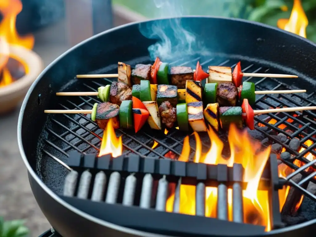 Delicioso asado vegano en Uruguay con brochetas de verduras, tofu y seitan en una parrilla vibrante y colorida