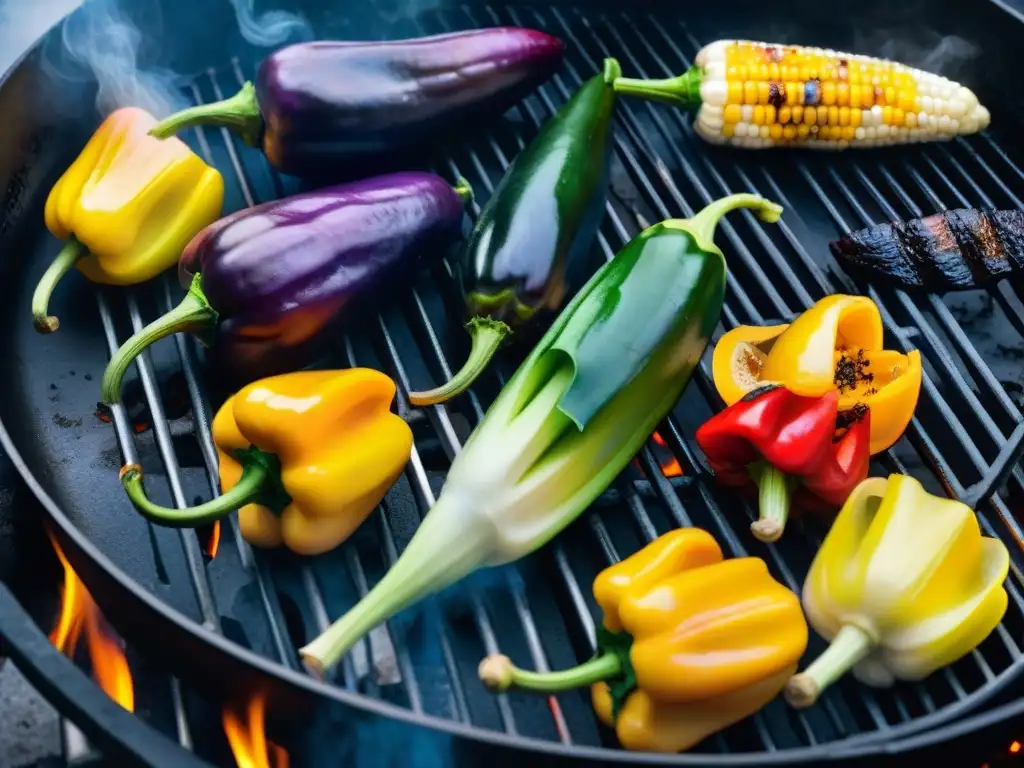 Delicioso asado vegano: parrilla de verduras vibrantes con marcas de grill y aceite de oliva, rodeadas de humo y brasas brillantes