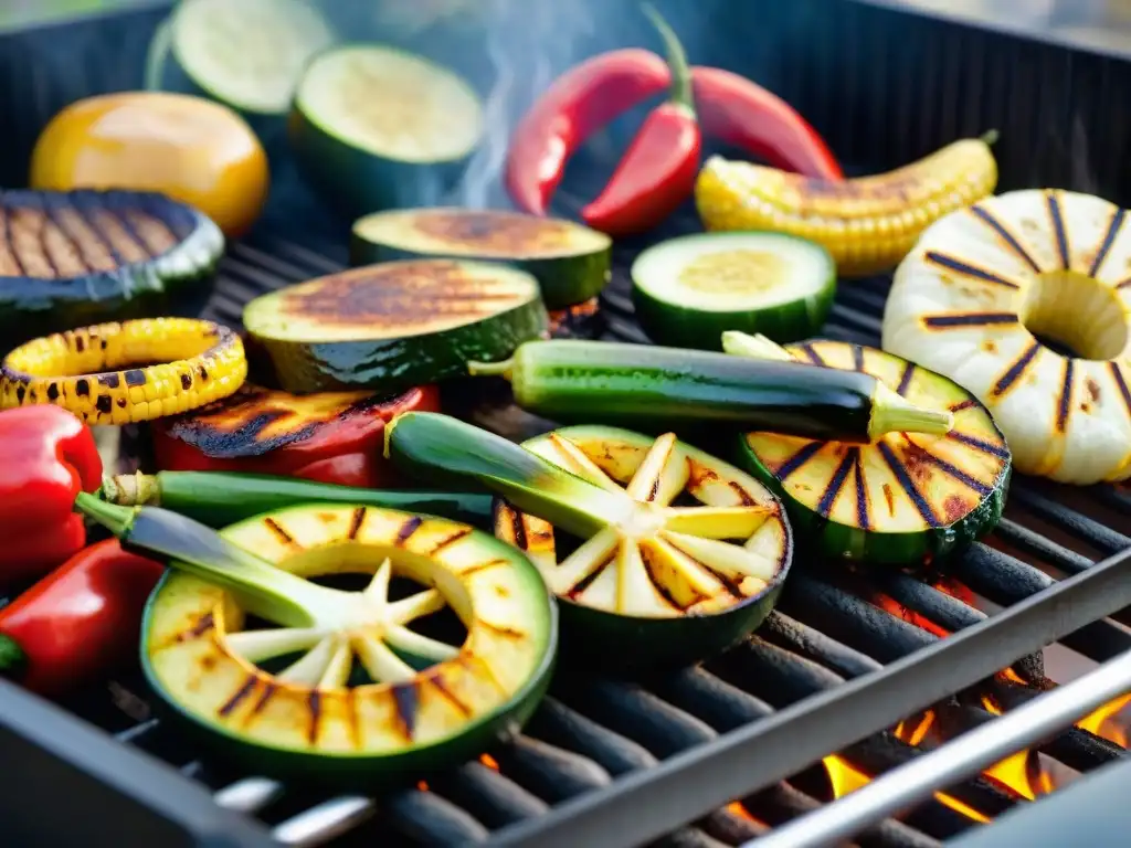 Delicioso asado vegano en la parrilla con vegetales coloridos y humeantes