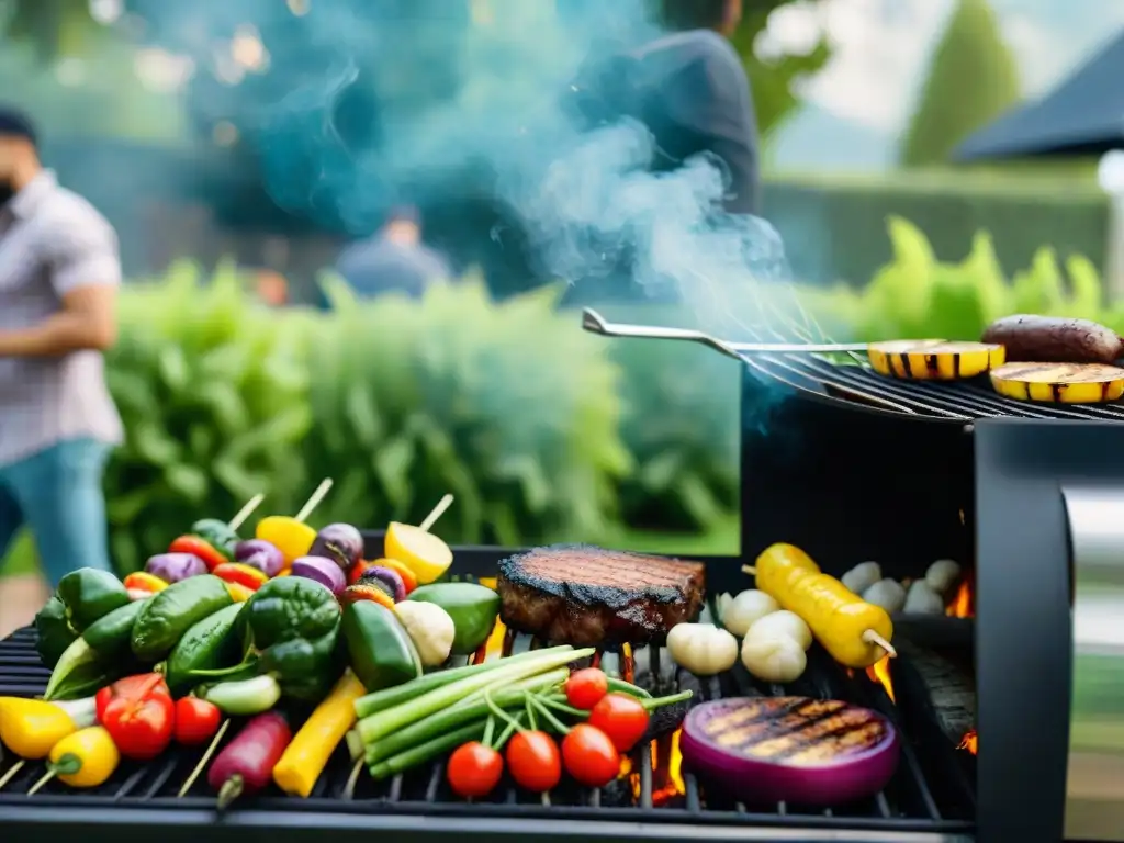 Delicioso asado vegano en jardín: verduras y proteínas a la parrilla, gente diversa a la espera