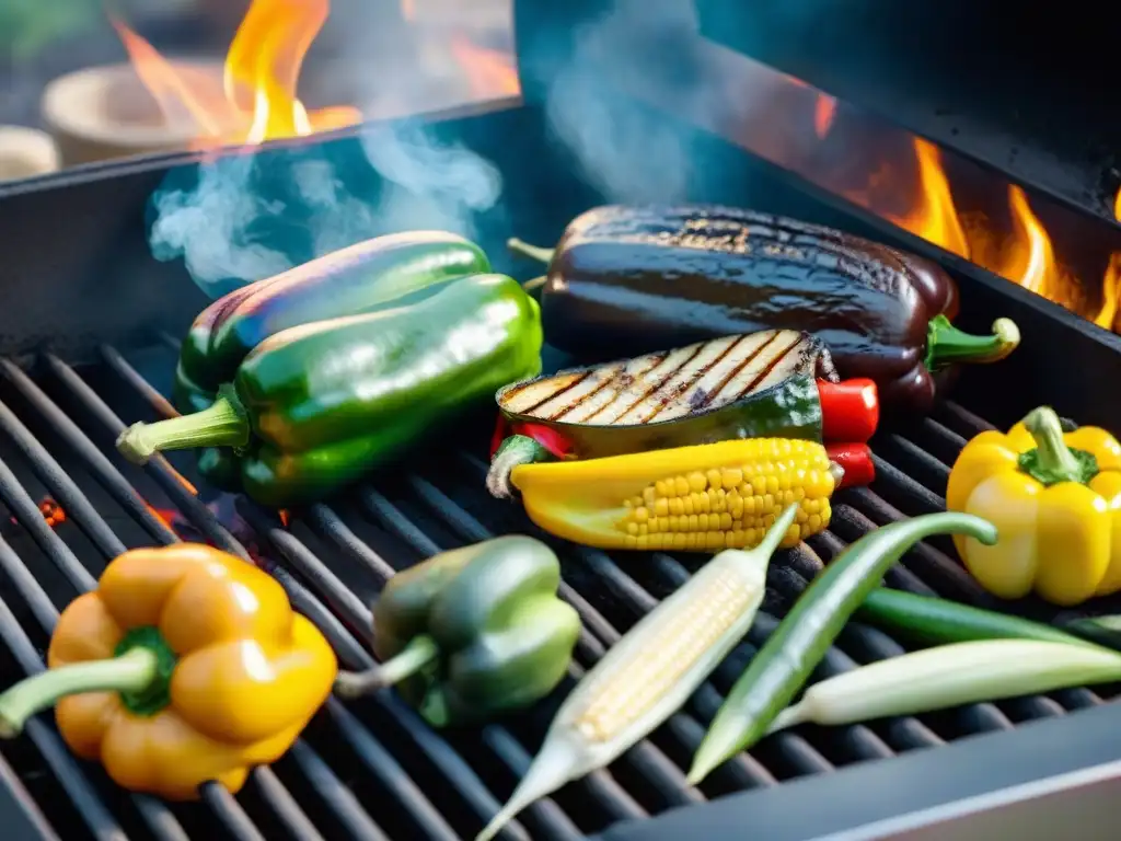 Delicioso asado vegano con recetas de parrilla de verduras vibrantes en la luz dorada del atardecer