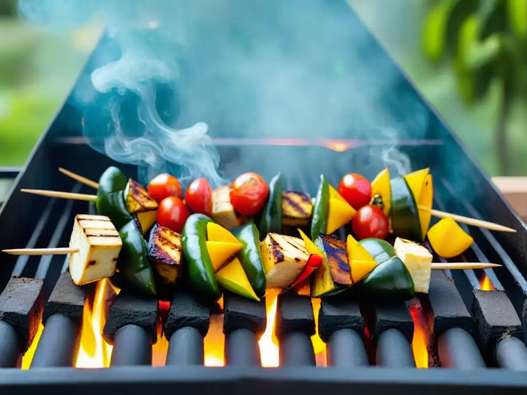 Delicioso asado vegano en Uruguay con vegetales a la parrilla y tofu marinado en un jardín al atardecer