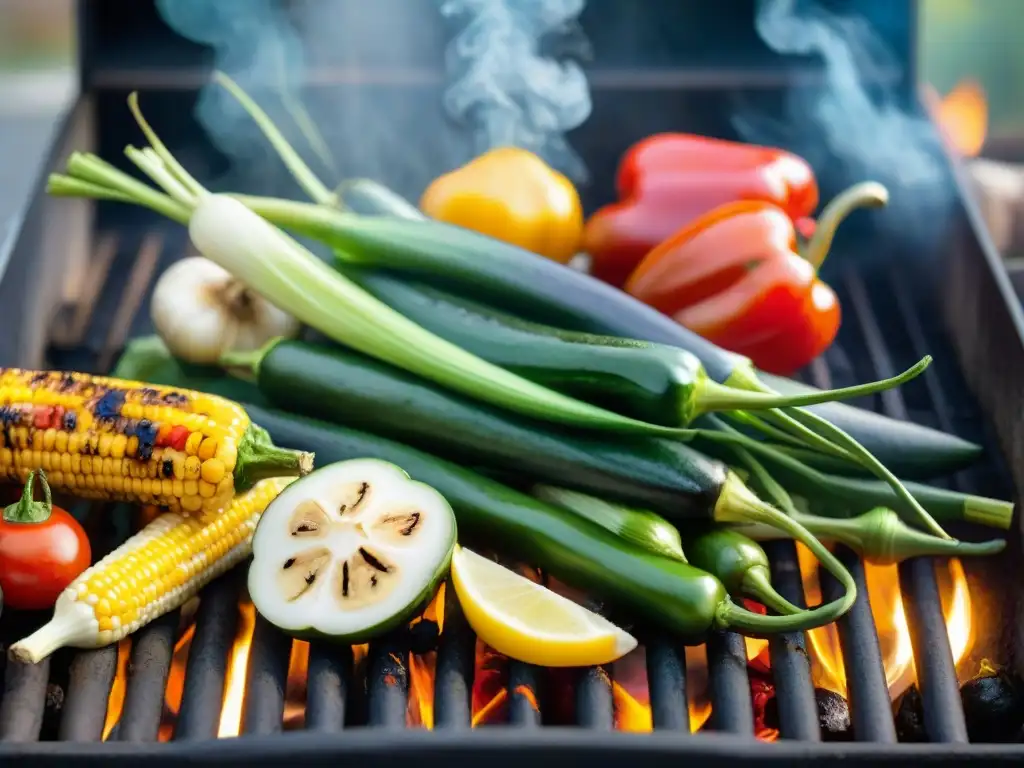 Un delicioso asado vegetal con especias, cada pieza perfectamente dorada y brillante en la parrilla