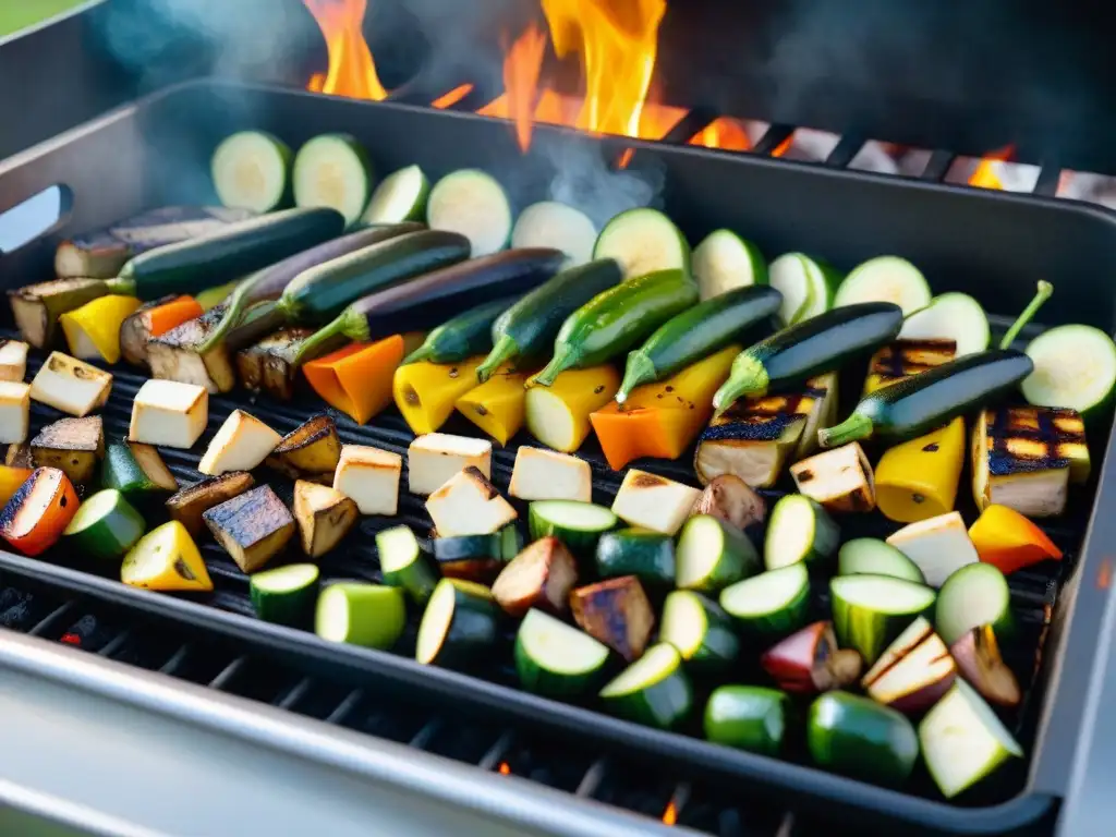 Delicioso asado de vegetales con tofu en la parrilla, con colores vibrantes y un ambiente cálido y acogedor al atardecer