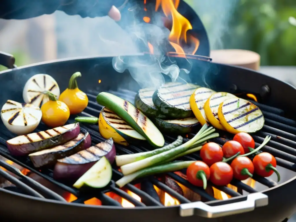 Delicioso asado de vegetales y proteínas saludables en parrilla al aire libre