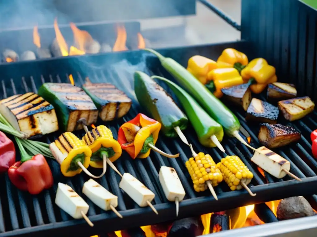 Delicioso asado vegetariano en la parrilla con verduras coloridas y tofu marinado