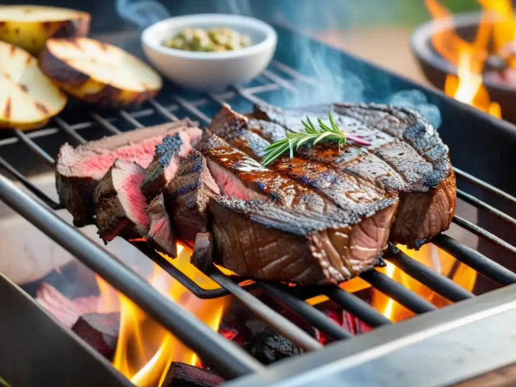 Delicioso asado de venado gourmet en Uruguay: un suculento filete marinado en una parrilla caliente, con hierbas y especias aromáticas