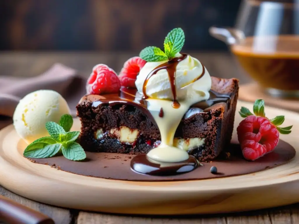 Delicioso brownie a la parrilla con helado de vainilla, salsa de chocolate, frambuesas y menta fresca en tabla rústica