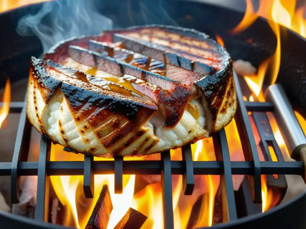 Un delicioso chinchulín asándose en parrilla, con intenso aroma y perfecta caramelización