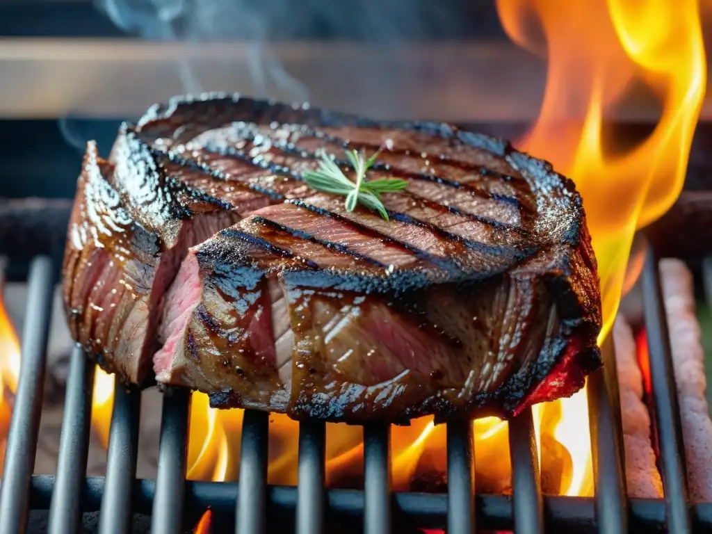 Delicioso chinchulín asándose en parrilla uruguaya, con marcas de grill y jugos chispeantes