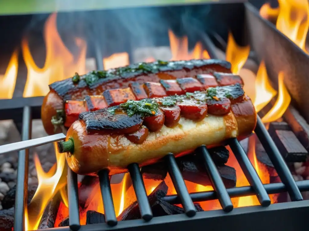 Delicioso Chorizo Bombón a la parrilla uruguaya, con chimichurri y brasas brillantes