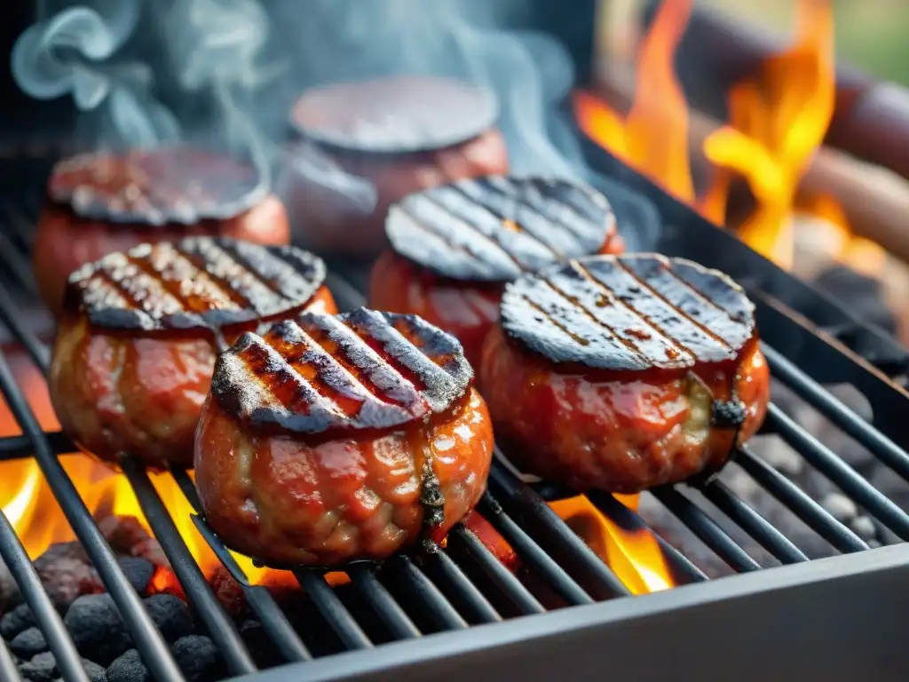 Delicioso Chorizo Bombón en la parrilla, con jugosos grill marks