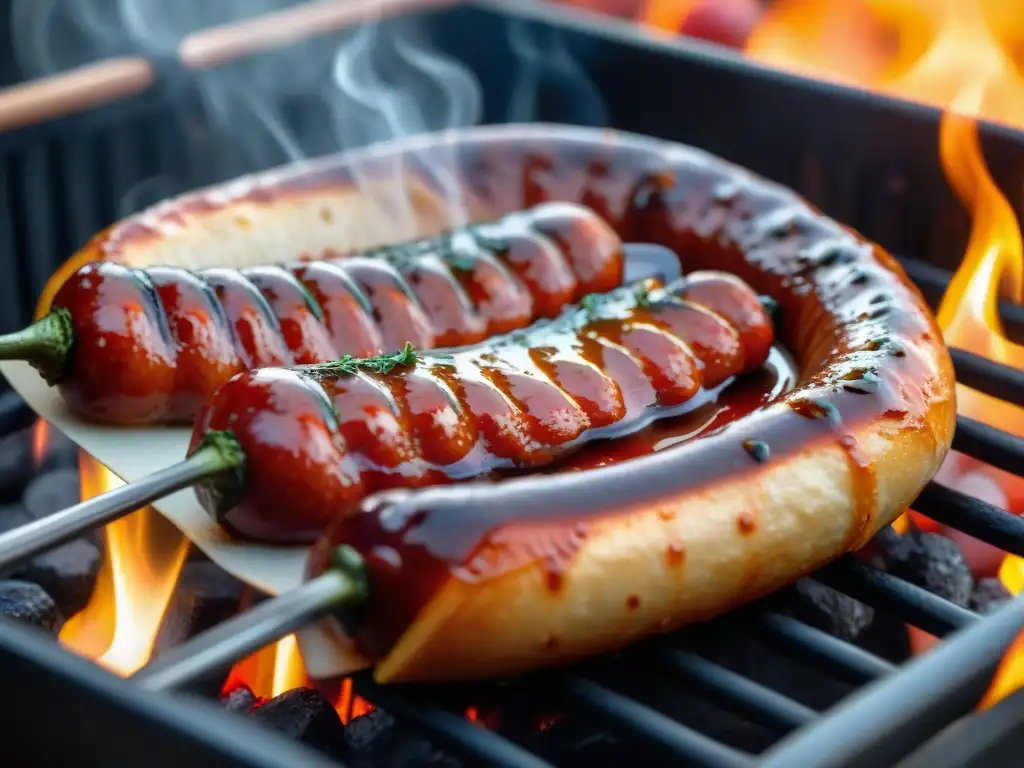 Delicioso chorizo a la parrilla con salsa pomarola, en un escenario rústico