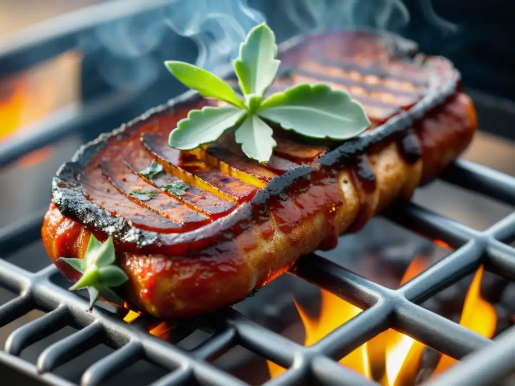 Delicioso chorizo parrillero jugoso en la parrilla, humeante y rodeado de hierbas frescas y especias vibrantes