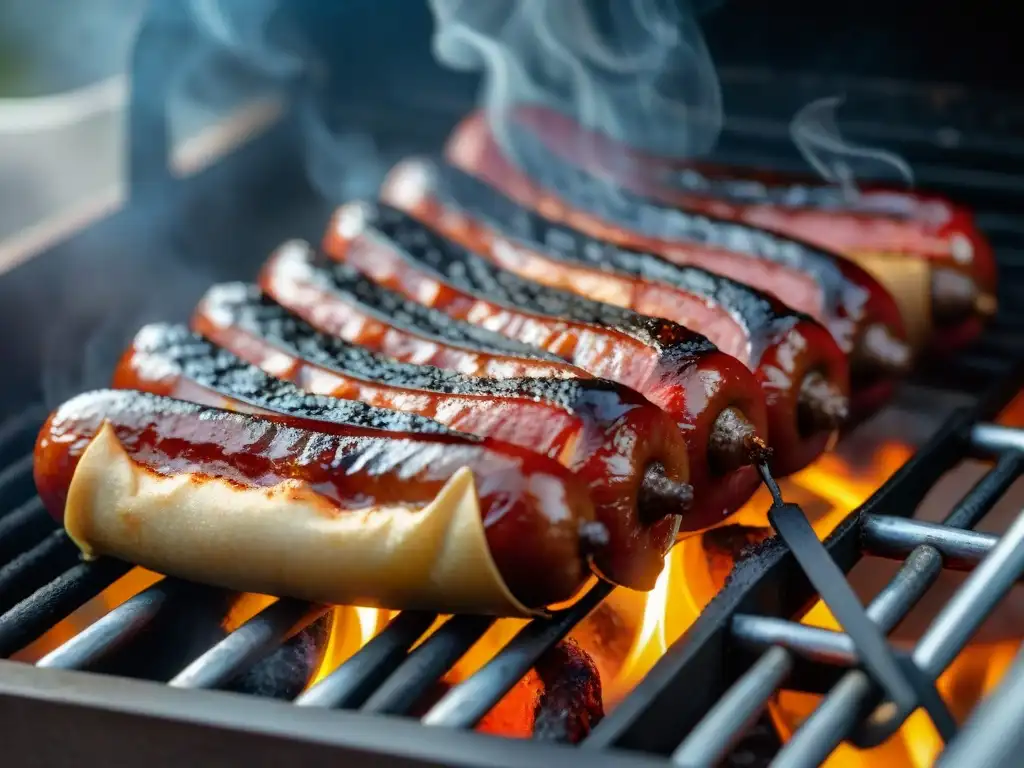 Delicioso chorizo parrillero uruguayo asándose en la parrilla, con marcas de grill y jugosidad