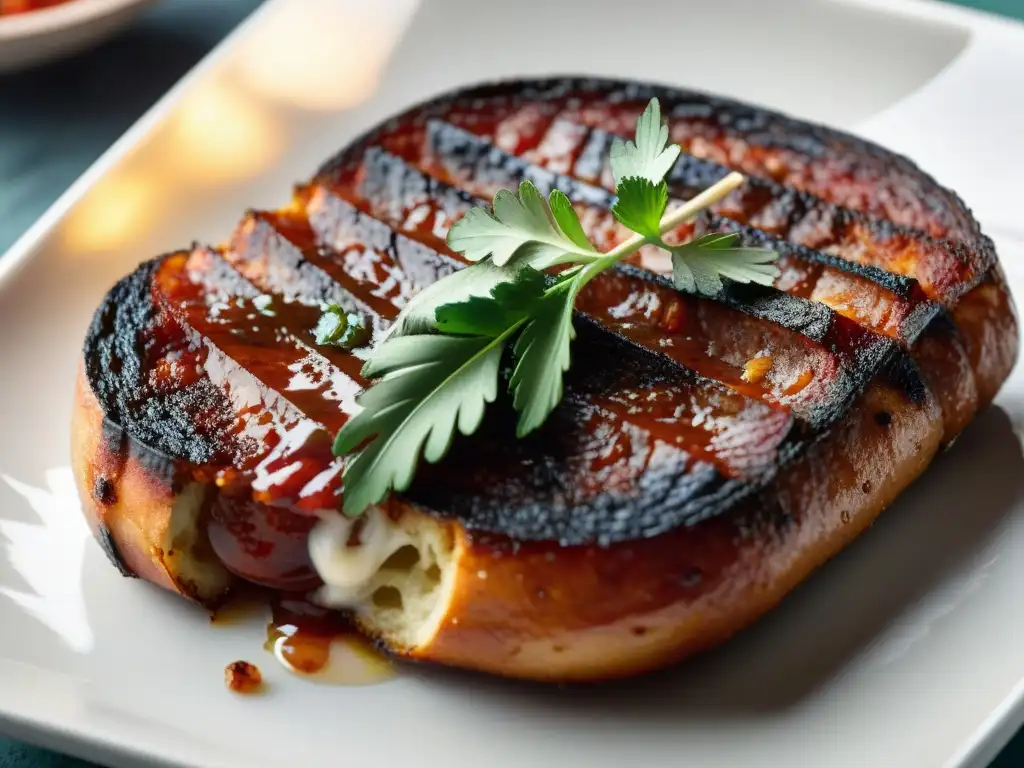 Delicioso chorizo parrillero uruguayo con chimichurri y pan, en una parrilla tradicional