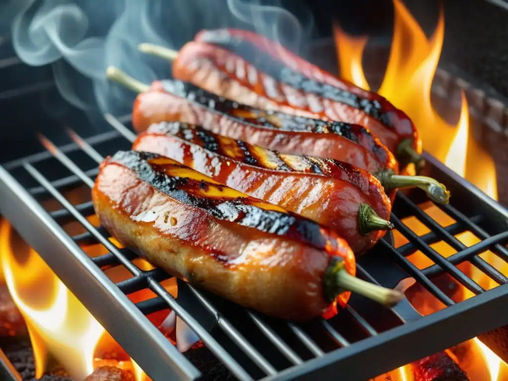 Delicioso chorizo parrillero uruguayo en la parrilla, con llama y aroma ahumado
