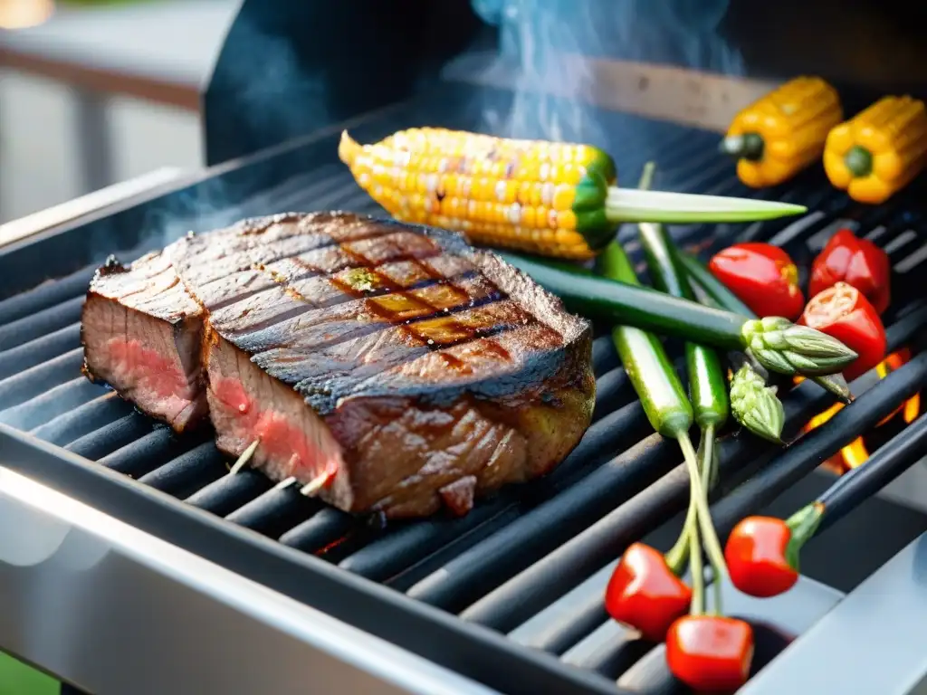 Delicioso churrasco uruguayo asándose en parrilla eléctrica junto a vegetales a la parrilla