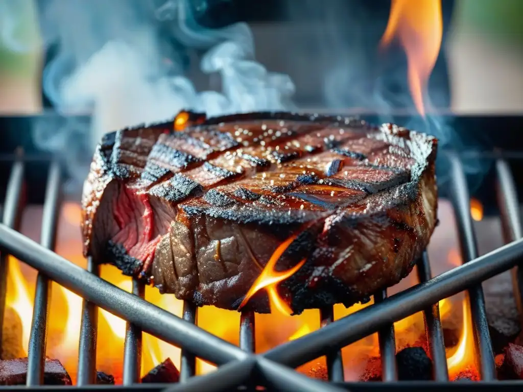 Delicioso churrasco uruguayo a la parrilla con marcas de asado perfectas y sal gruesa, cocinado a punto