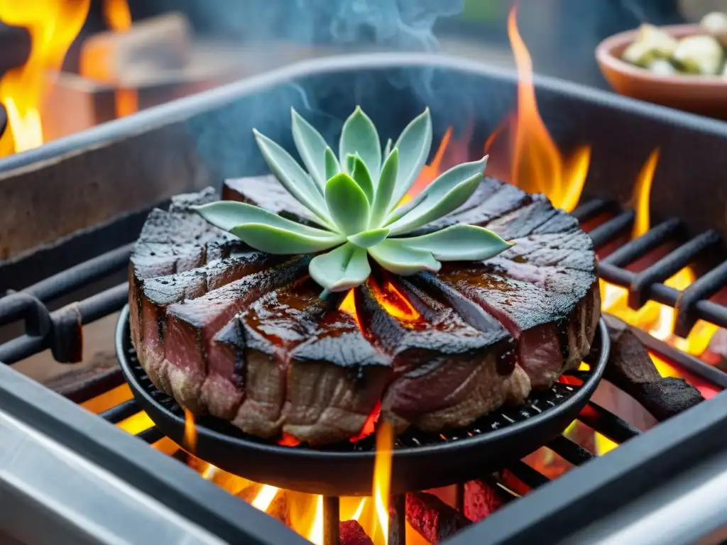 Delicioso corte de asado tendencia Uruguay sizzling en la parrilla, rodeado de hierbas frescas y especias, en un ambiente cálido y familiar