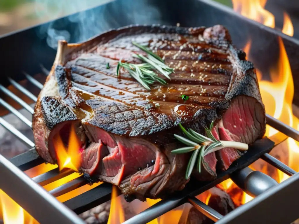 Delicioso corte de carne asado Uruguayo en la parrilla, con llamas y condimentos frescos