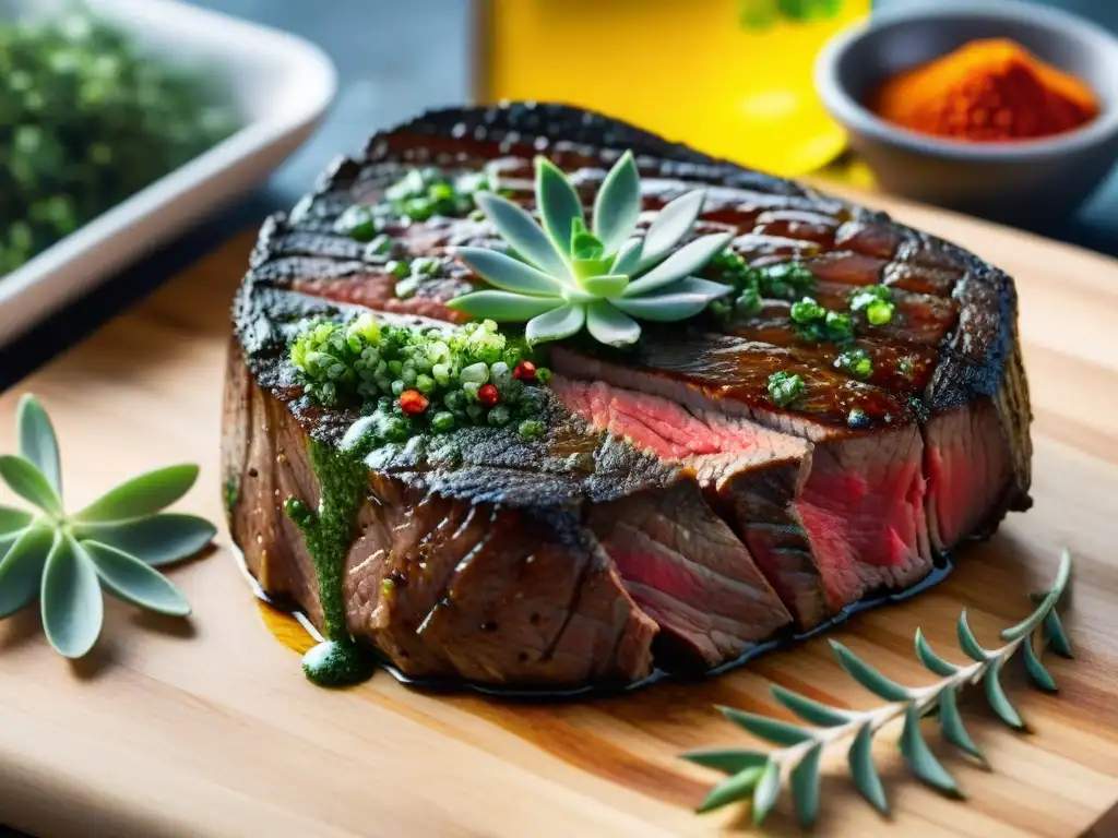 Delicioso corte de carne marinándose en chimichurri verde, listo para asado uruguayo