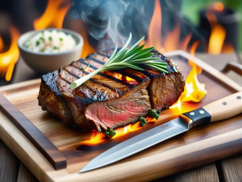 Delicioso corte de carne exótica a la parrilla con especias, hierbas frescas y cuchillo, en escena de asado al aire libre