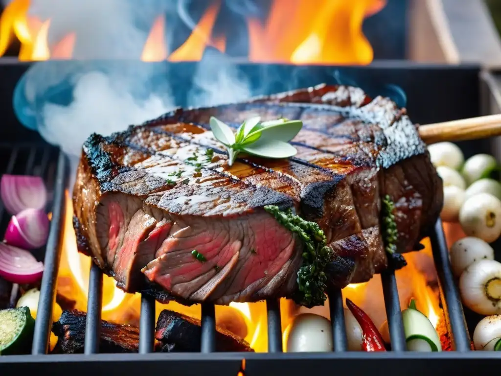 Delicioso corte de carne menos grasos en parrilla uruguaya, rodeado de hierbas frescas y vegetales coloridos en atmósfera rústica