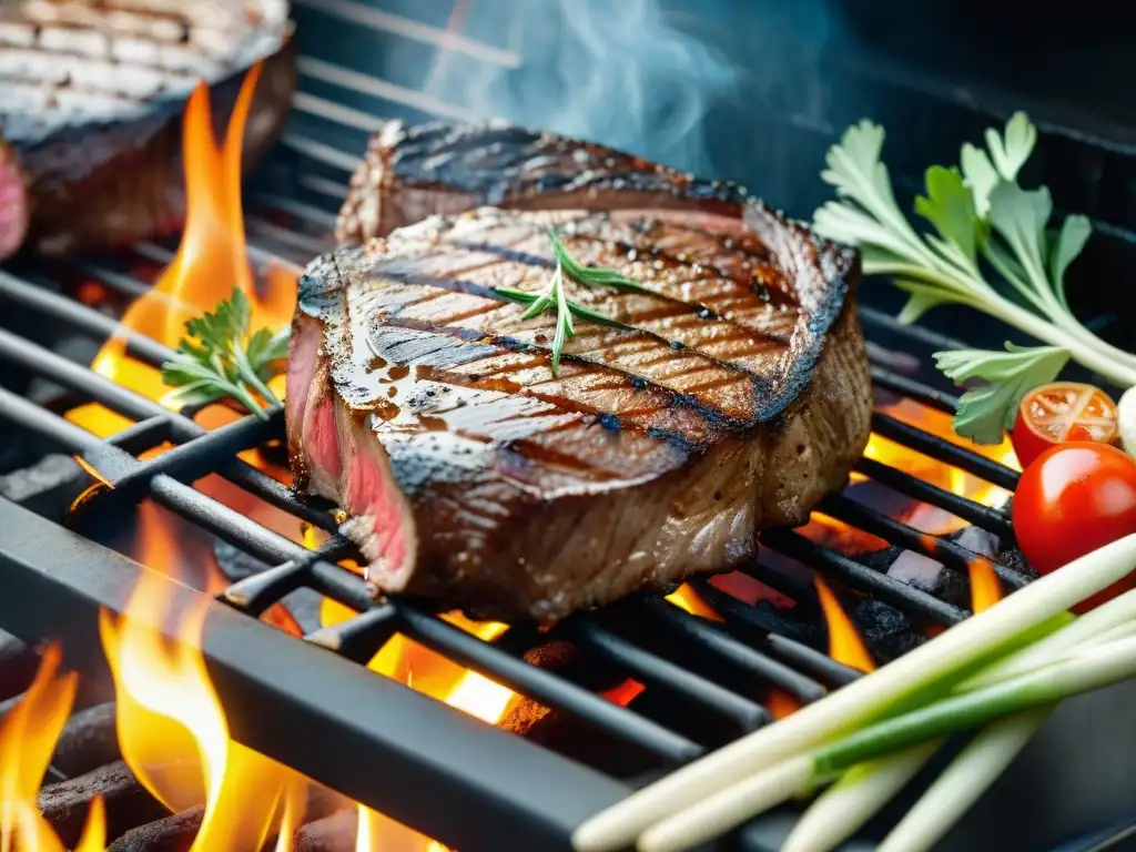 Delicioso corte de carne menos grasos en la parrilla con vegetales frescos y hierbas coloridas