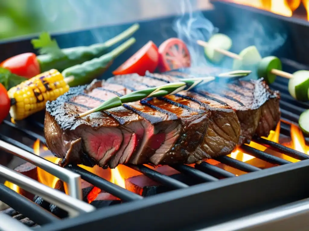 Delicioso corte de carne magra y marmoleado asándose en la parrilla, rodeado de coloridas brochetas de verduras