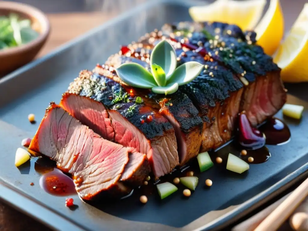 Delicioso corte de carne en marinado para asado uruguayo, resaltando colores y texturas vibrantes