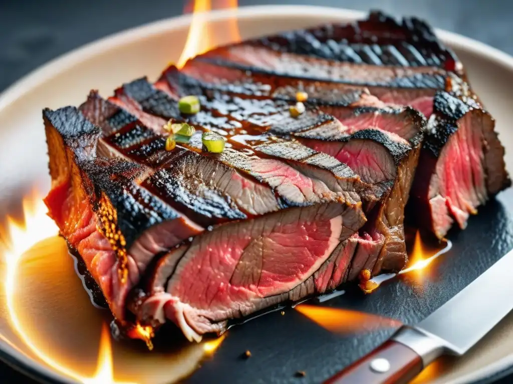 Delicioso corte de carne uruguaya a la parrilla, tierno y jugoso bajo el sol, destacando los sabores y aromas