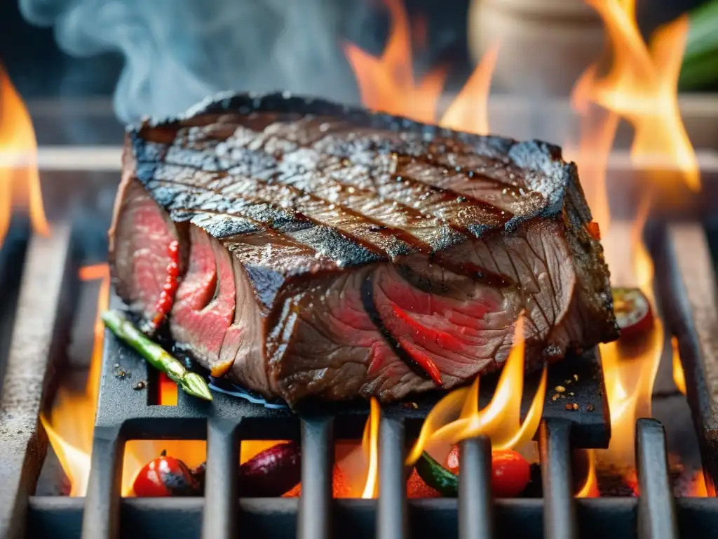 Delicioso corte de carne Wagyu en la parrilla con verduras asadas, ideal para Maridaje Vinos y cortes carne