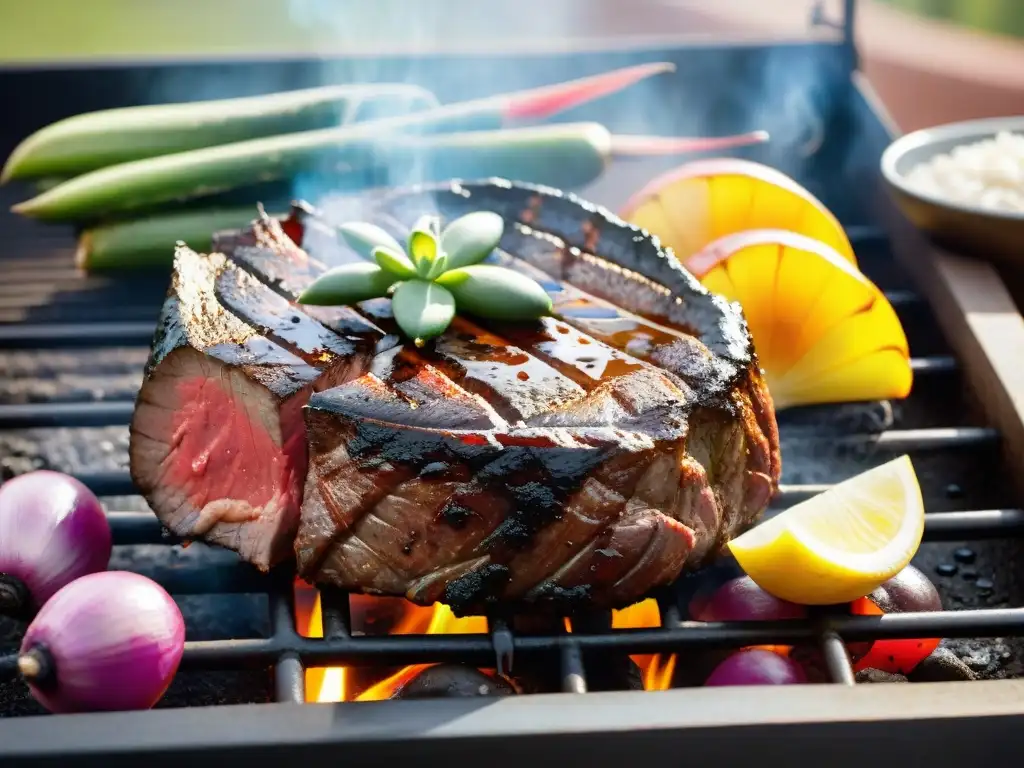 Delicioso corte uruguayo bajo en grasa en parrilla con vegetales asados, jugoso y con marca de parrilla, bajo el cálido sol