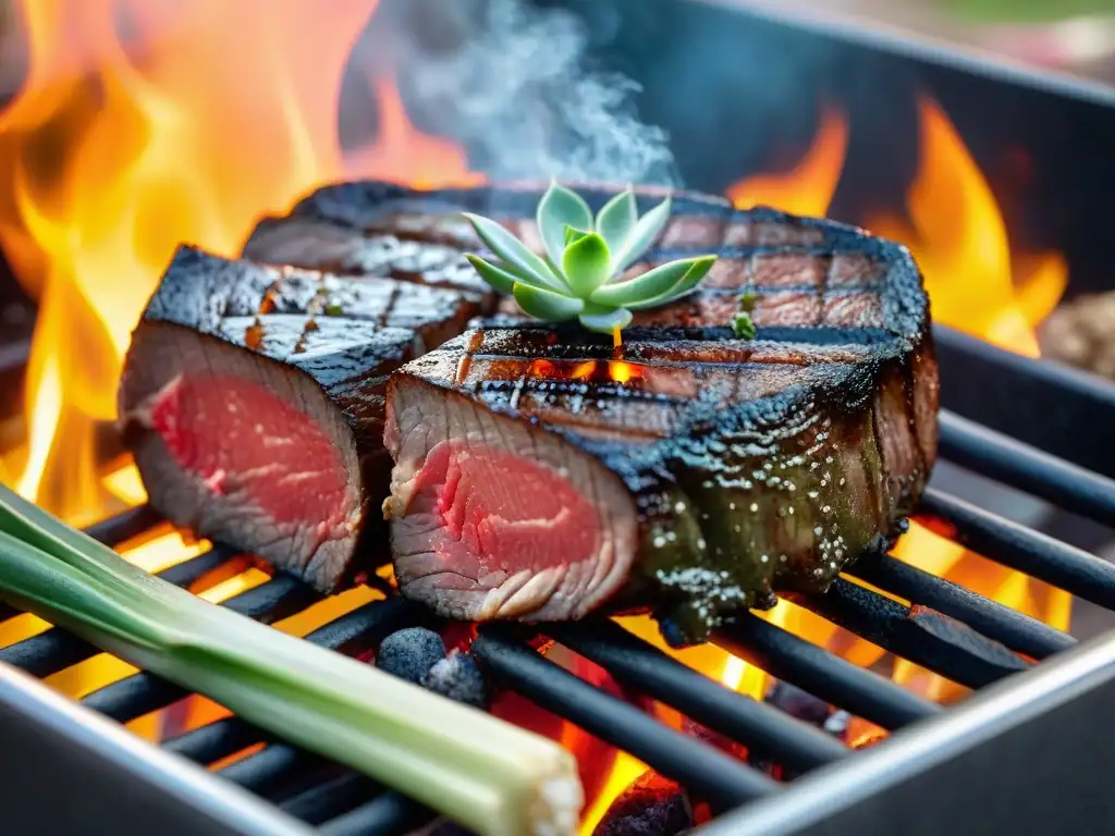 Delicioso corte de Wagyu al punto rodeado de verduras a la parrilla