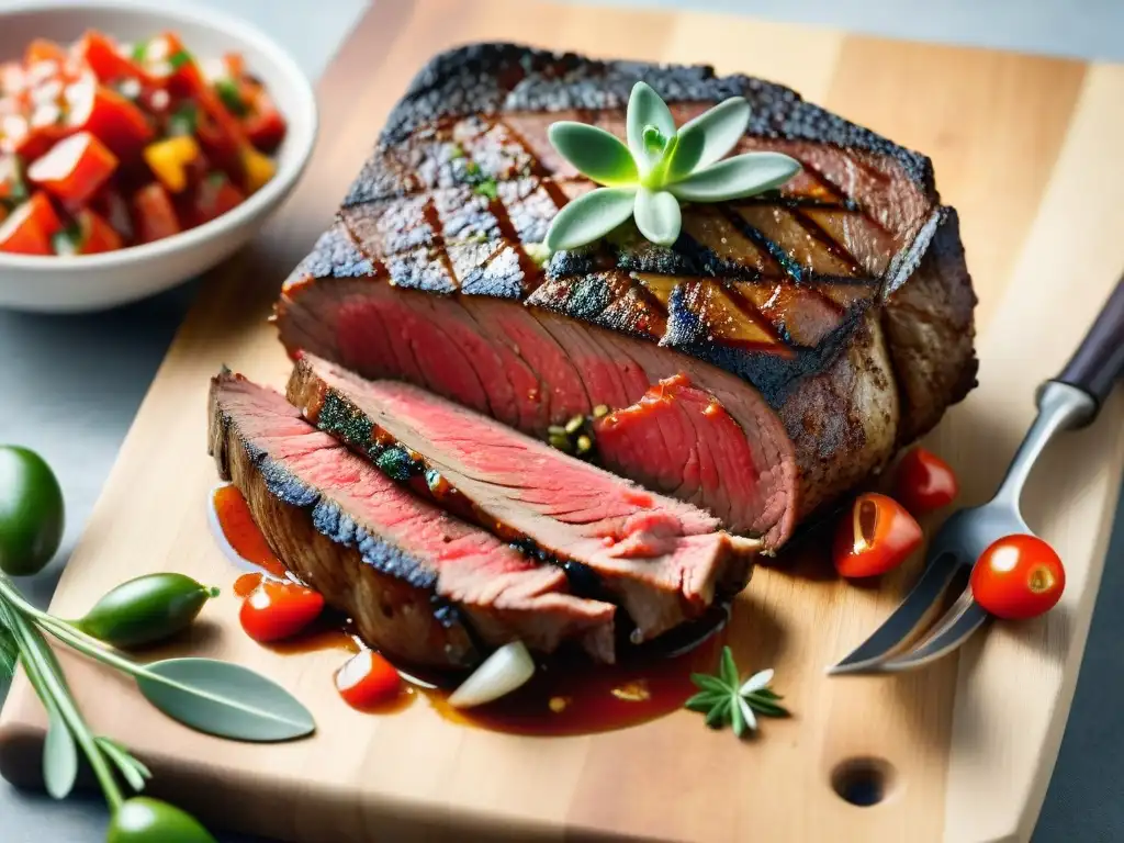 Delicioso entrecote uruguayo con salsa criolla vibrante y colorida en tabla de madera