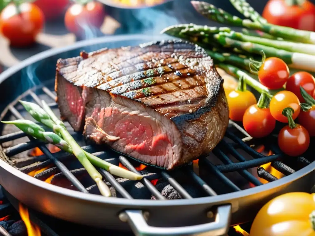 Delicioso filete jugoso a la parrilla rodeado de verduras coloridas, resaltando los beneficios de la carne roja para la salud