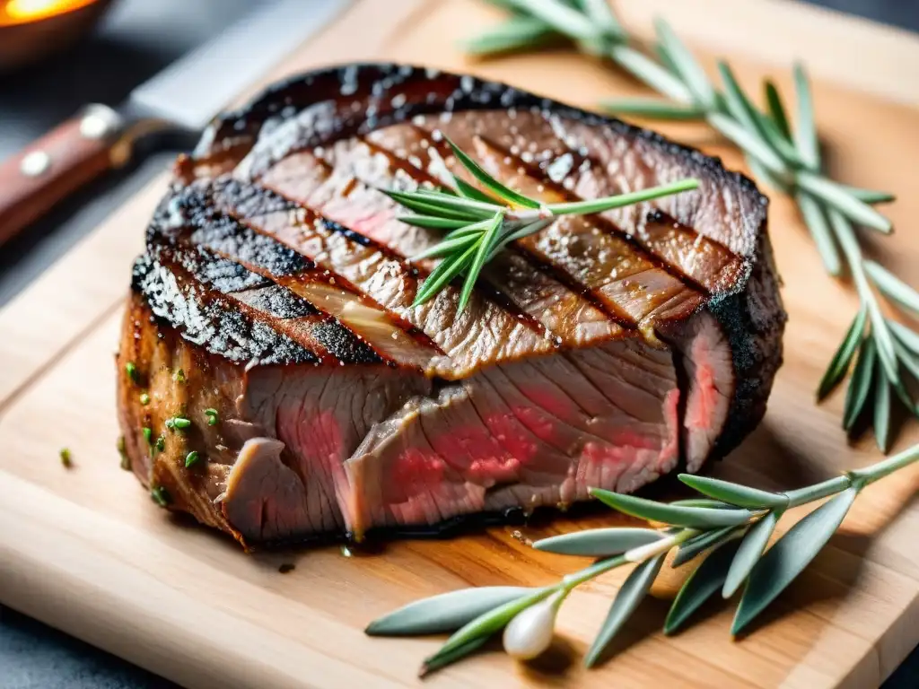 Delicioso filete jugoso a término medio sobre tabla de cortar, rodeado de romero fresco y ajos