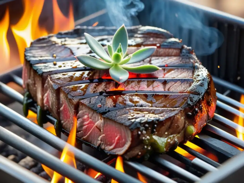 Delicioso filete marinado en la parrilla con hierbas y especias, en ambiente de barbacoa