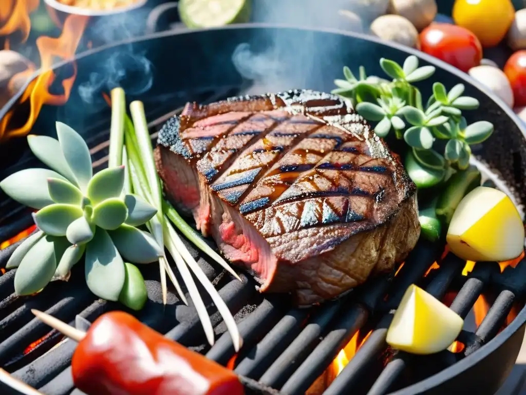 Delicioso filete a la parrilla rodeado de vegetales y hierbas, en un ambiente de barbacoa veraniega