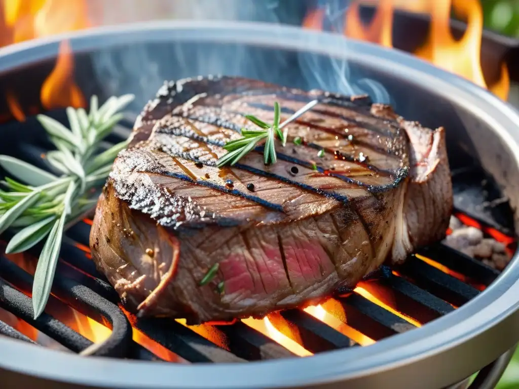 Delicioso filete a la parrilla con técnicas de asado a temperatura, rodeado de hierbas frescas en un día perfecto de barbacoa