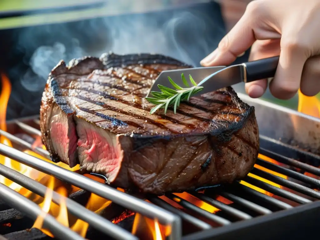 Un delicioso filete a término medio en la parrilla, mostrando técnicas de asado a temperatura precisa