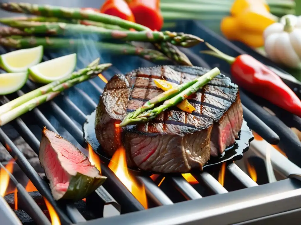 Delicioso filete Wagyu asándose en parrilla rodeado de verduras a la parrilla, reflejando tendencias asado carnes exóticas