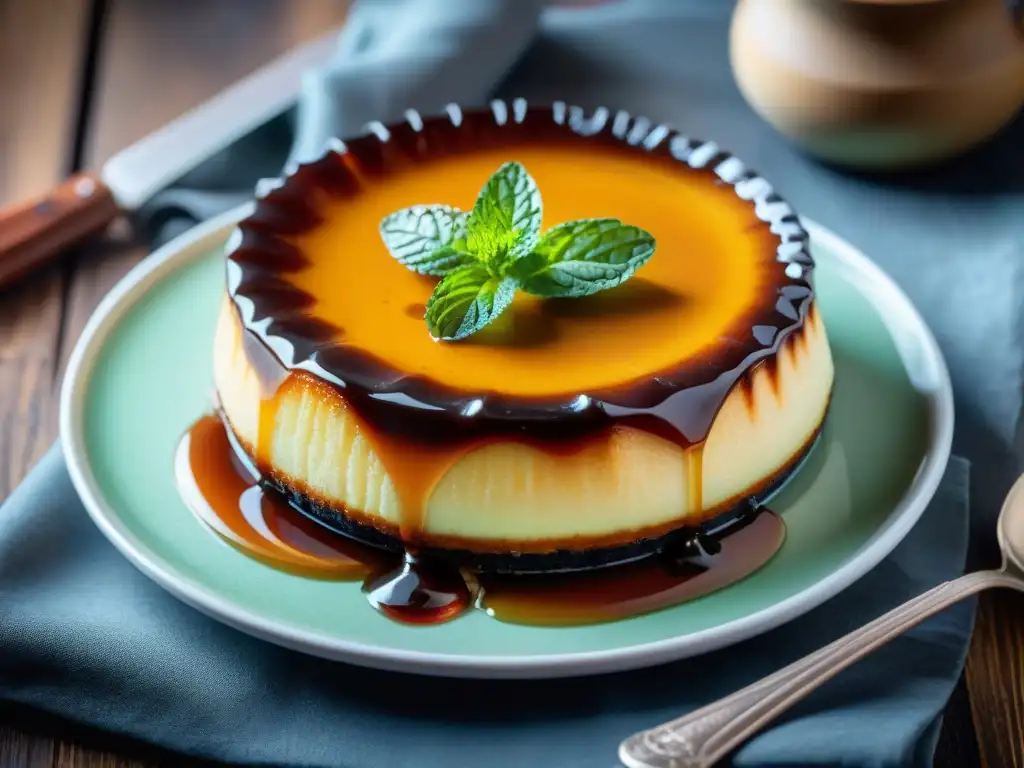 Un delicioso flan a la parrilla con caramelo, menta y azúcar en una mesa rústica